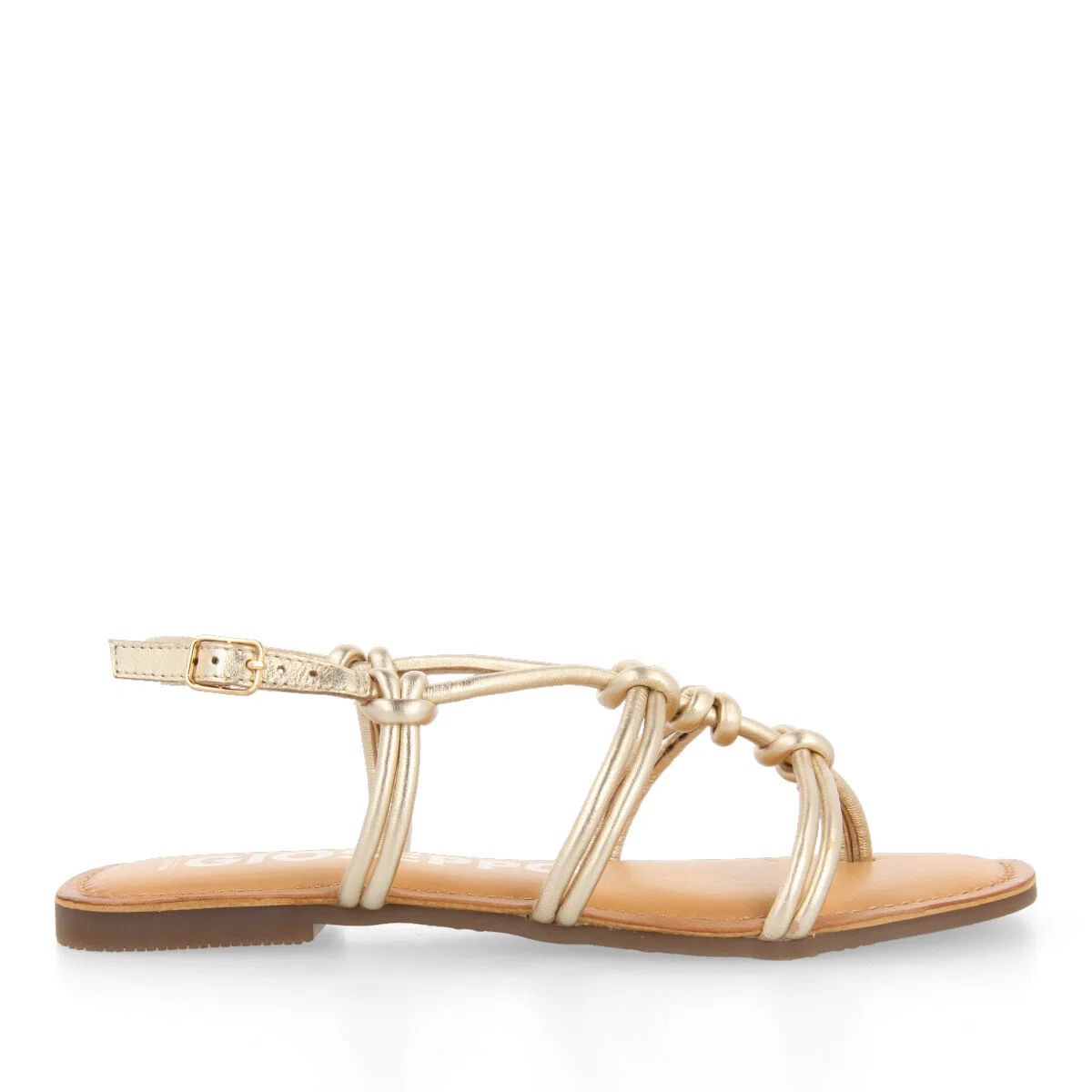 Rosny women's flat gold leather sandals with thin straps and decorative knots - Image 2