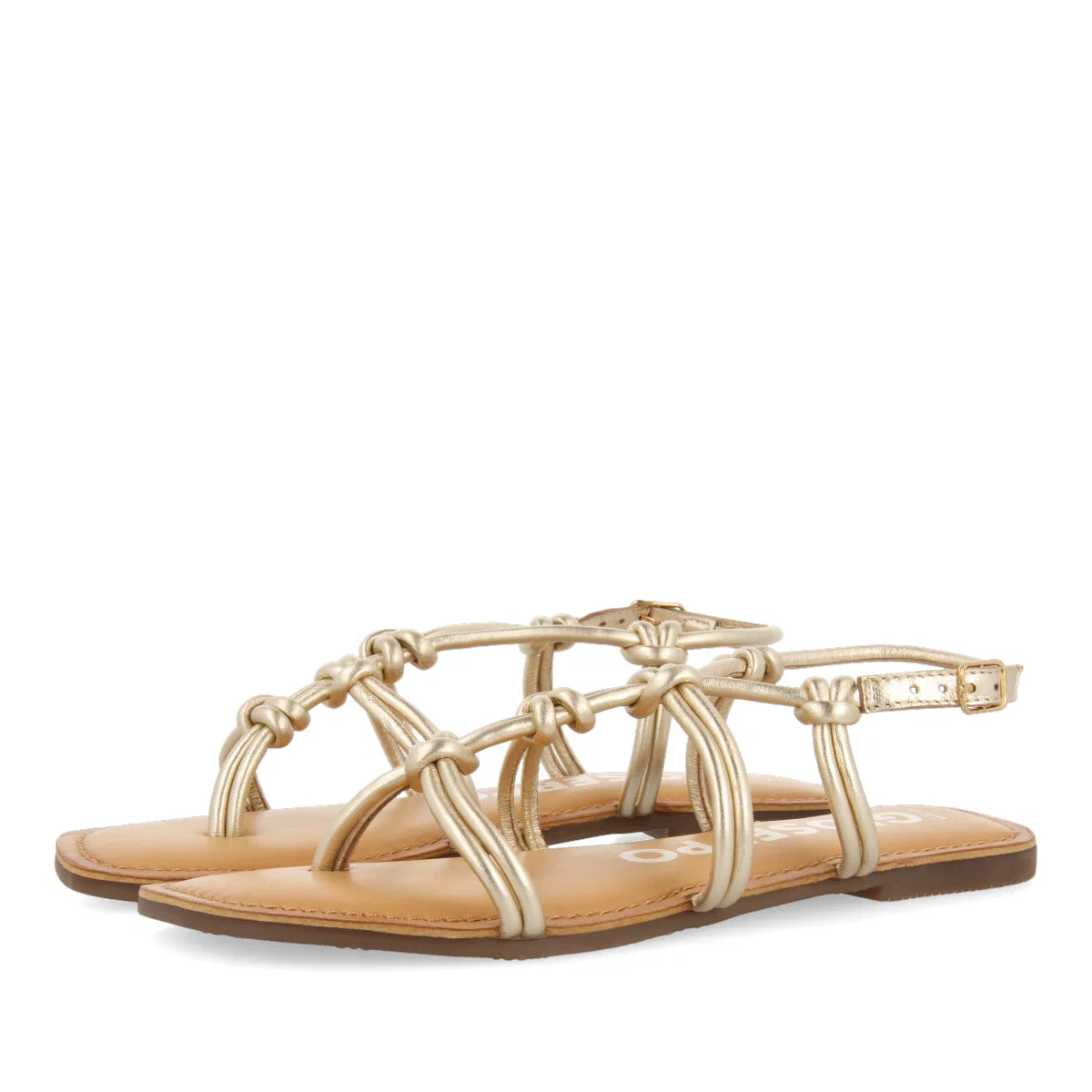 Rosny women's flat gold leather sandals with thin straps and decorative knots - Image 3