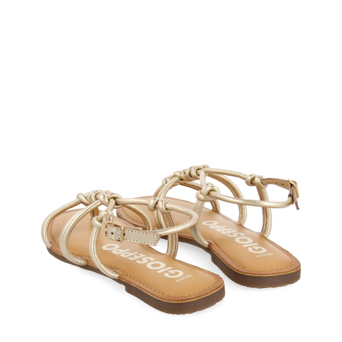 Rosny women's flat gold leather sandals with thin straps and decorative knots - Image 4