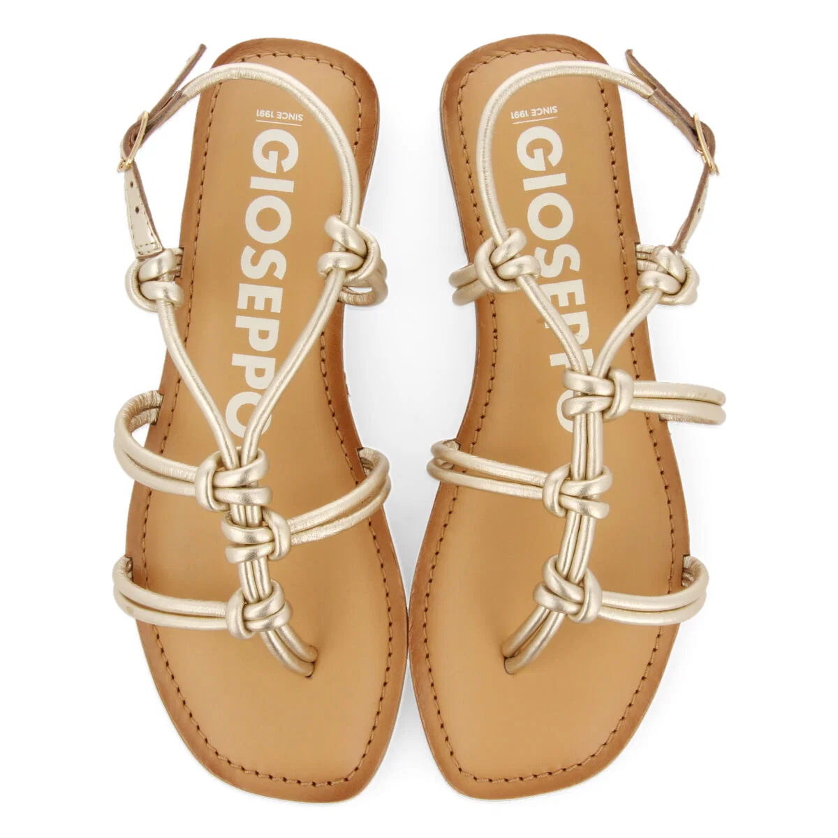 Rosny women's flat gold leather sandals with thin straps and decorative knots - Image 5