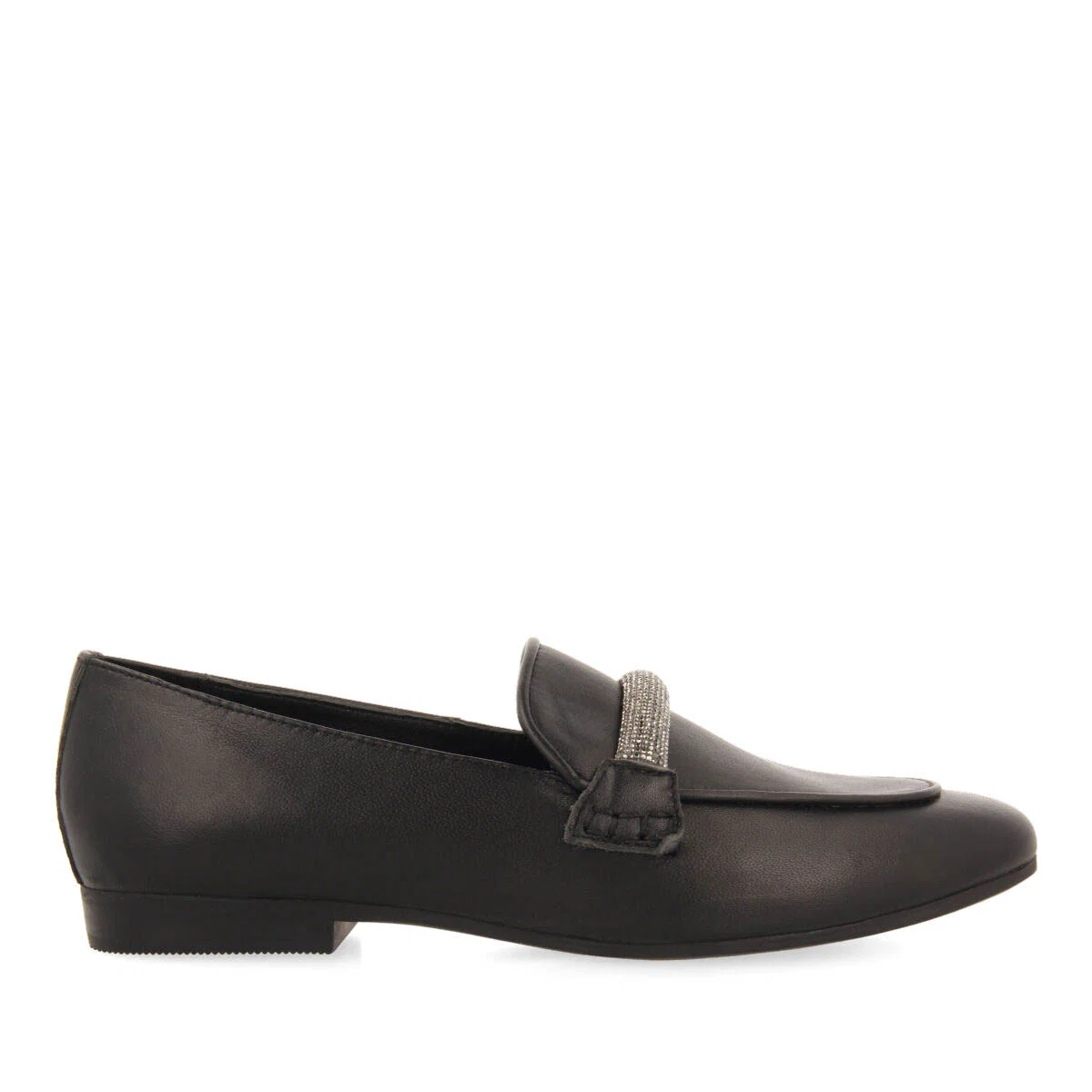 Ringsted women's black leather moccasins with rhinestone strap - Image 3