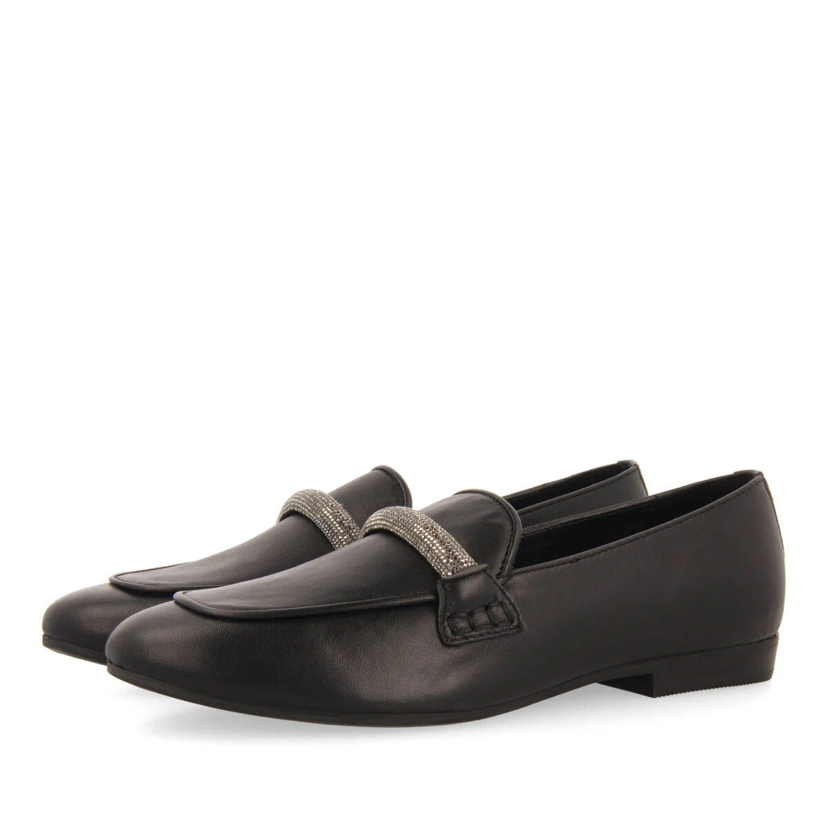 Ringsted women's black leather moccasins with rhinestone strap - Image 4