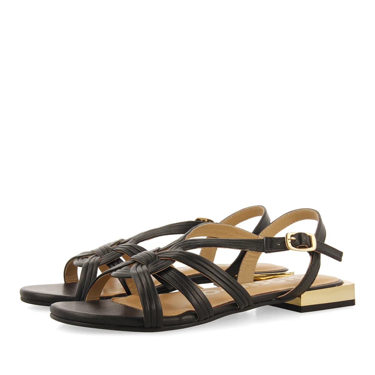 WOMEN'S BLACK LEATHER SANDALS WITH GOLD DETAILS - Image 3
