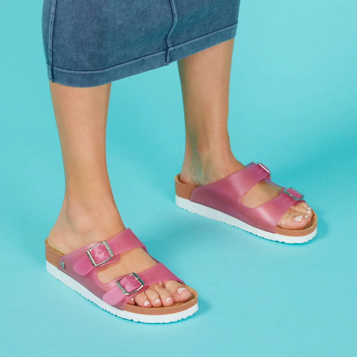 Acalaca women's see-through fuchsia footbed sandals with buckles - Image 3